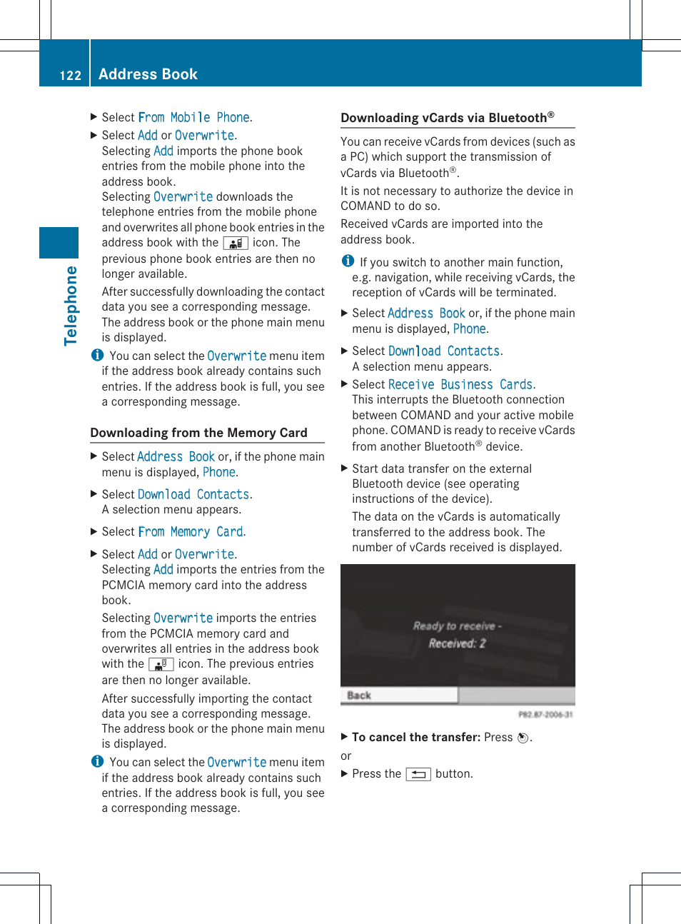 Telephone, Address book | Mercedes-Benz SLS-Class 2015 COMAND Manual User Manual | Page 124 / 202