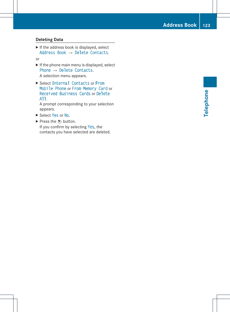 Telephone, Address book | Mercedes-Benz SLS-Class 2015 COMAND Manual User Manual | Page 125 / 202