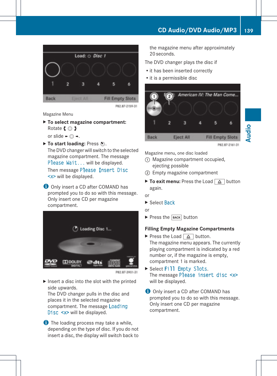 Audio, Cd audio/dvd audio/mp3 | Mercedes-Benz SLS-Class 2015 COMAND Manual User Manual | Page 141 / 202