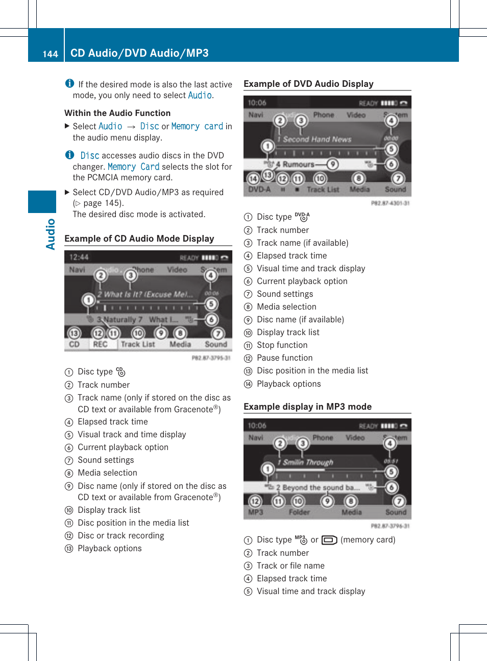 Audio, Cd audio/dvd audio/mp3 | Mercedes-Benz SLS-Class 2015 COMAND Manual User Manual | Page 146 / 202