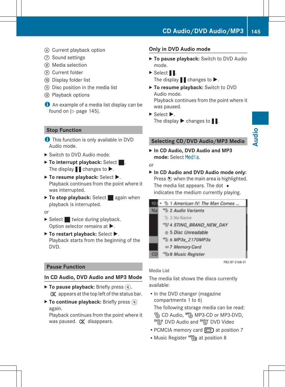 Audio, Cd audio/dvd audio/mp3 | Mercedes-Benz SLS-Class 2015 COMAND Manual User Manual | Page 147 / 202