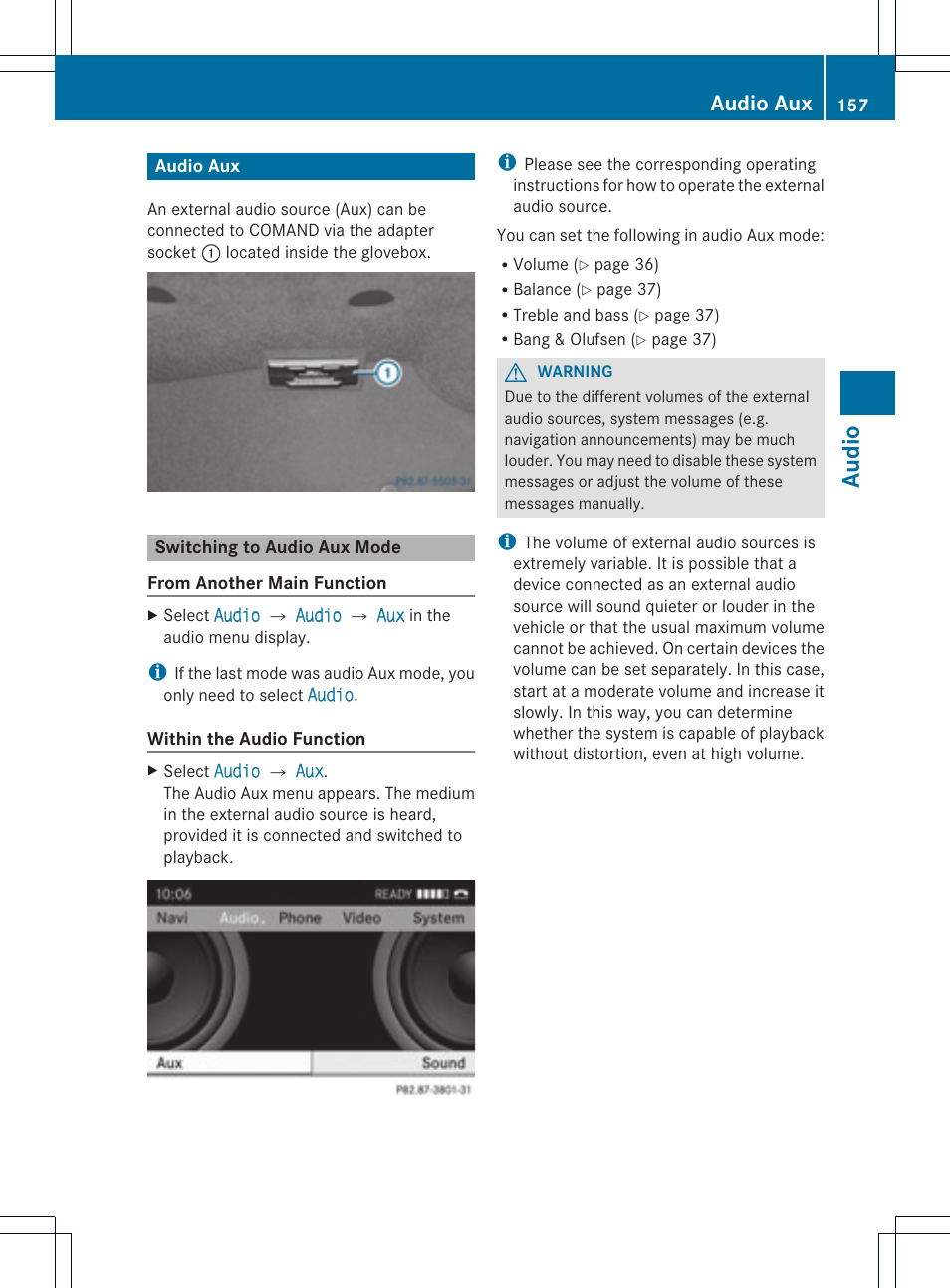 Audio, Audio aux | Mercedes-Benz SLS-Class 2015 COMAND Manual User Manual | Page 159 / 202