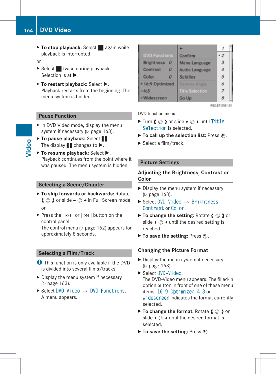 Vid eo, Dvd video | Mercedes-Benz SLS-Class 2015 COMAND Manual User Manual | Page 166 / 202