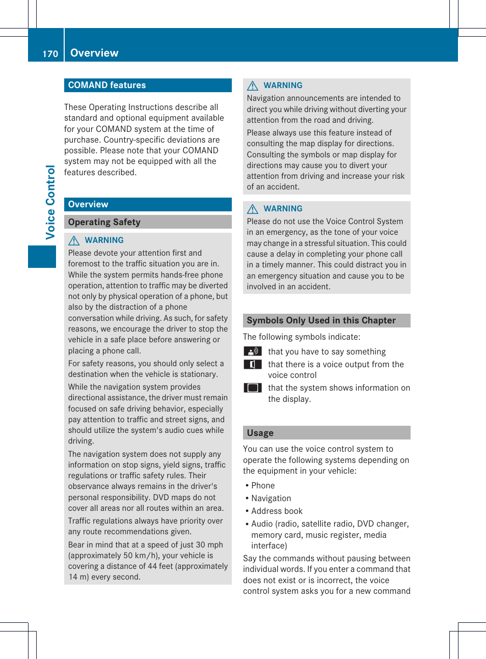 Voice con tr ol, Overview | Mercedes-Benz SLS-Class 2015 COMAND Manual User Manual | Page 172 / 202