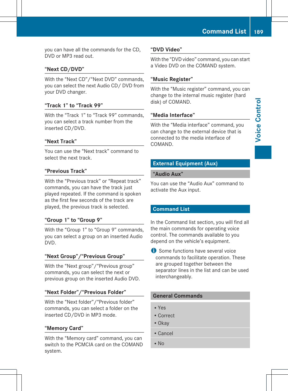 Voice contr ol, Command list | Mercedes-Benz SLS-Class 2015 COMAND Manual User Manual | Page 191 / 202