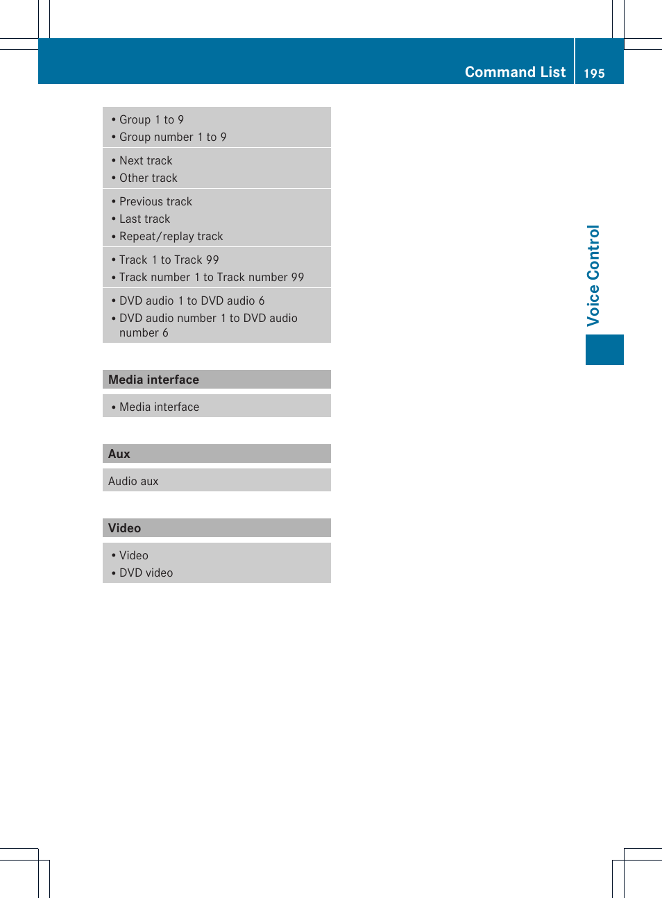 Voice contr ol, Command list | Mercedes-Benz SLS-Class 2015 COMAND Manual User Manual | Page 197 / 202