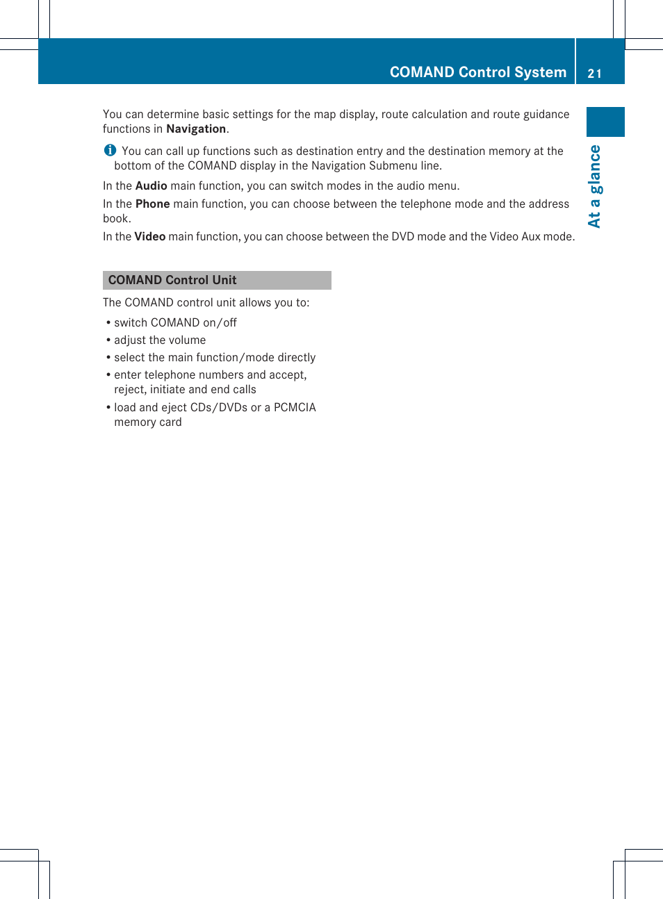 At a glance, Comand control system | Mercedes-Benz SLS-Class 2015 COMAND Manual User Manual | Page 23 / 202