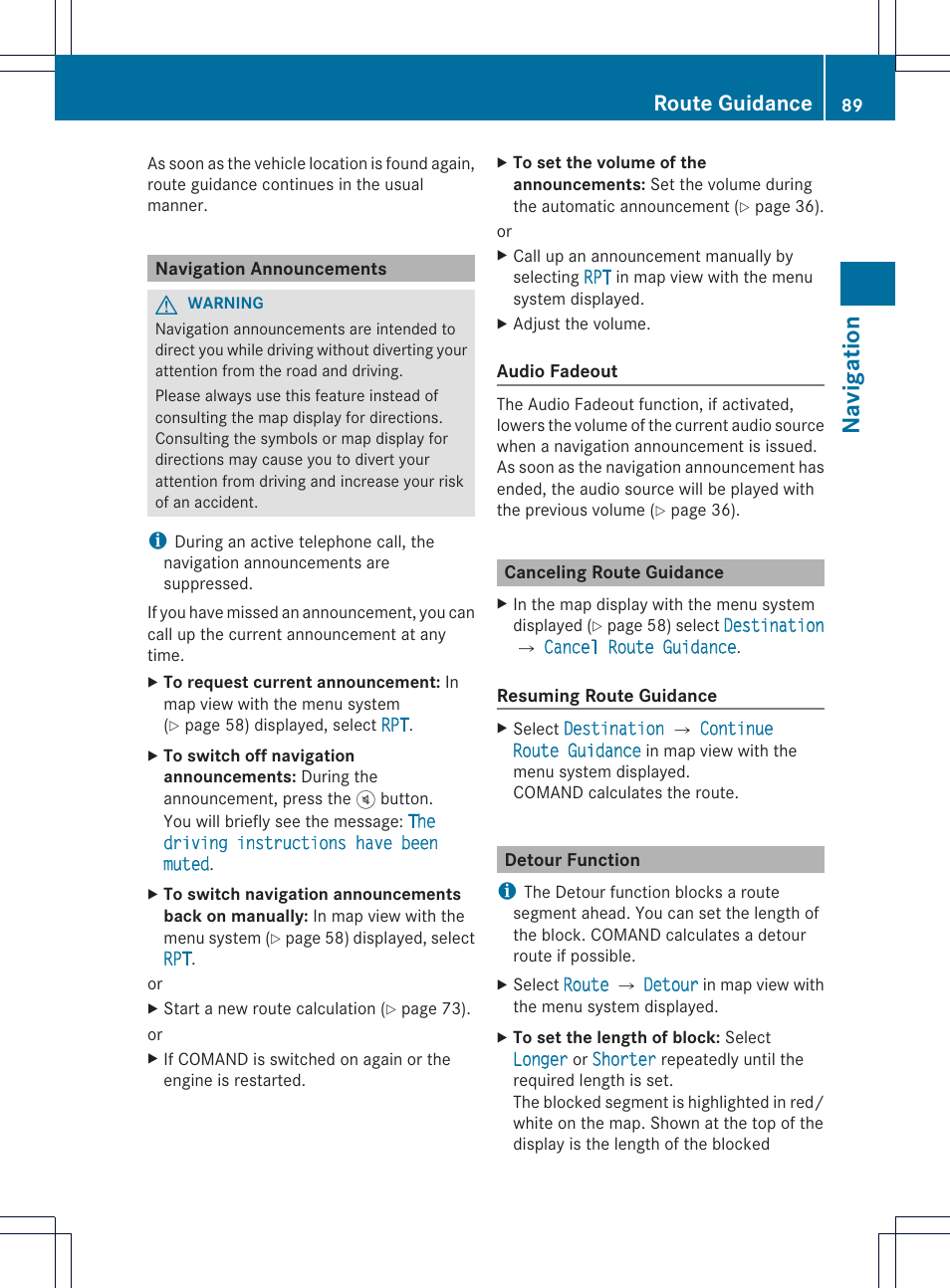 Na vigation, Route guidance | Mercedes-Benz SLS-Class 2015 COMAND Manual User Manual | Page 91 / 202
