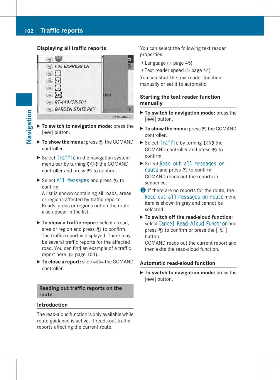 Navigation, Traffic reports | Mercedes-Benz CL-Class 2014 COMAND Manual User Manual | Page 104 / 274
