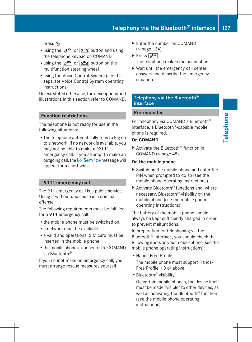 Telephone, Telephony via the bluetooth, Interface | Mercedes-Benz CL-Class 2014 COMAND Manual User Manual | Page 129 / 274
