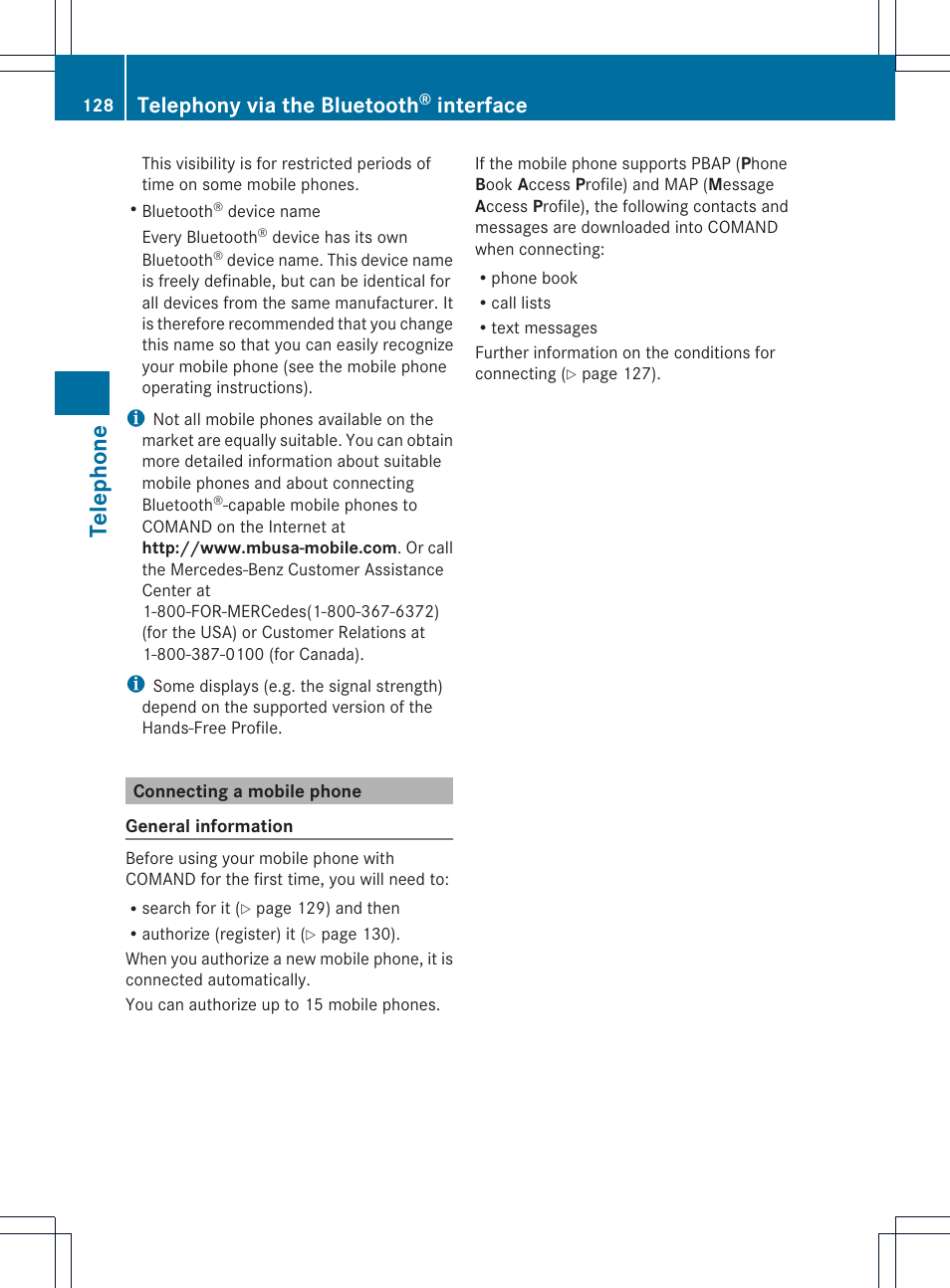 Teleph one, Telephony via the bluetooth, Interface | Mercedes-Benz CL-Class 2014 COMAND Manual User Manual | Page 130 / 274