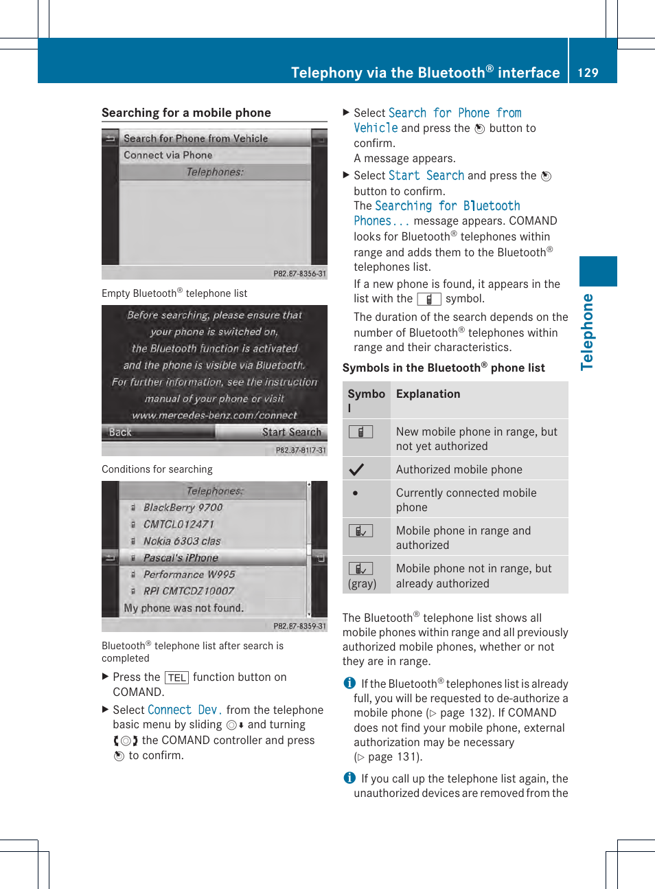 Telephone, Telephony via the bluetooth, Interface | Mercedes-Benz CL-Class 2014 COMAND Manual User Manual | Page 131 / 274