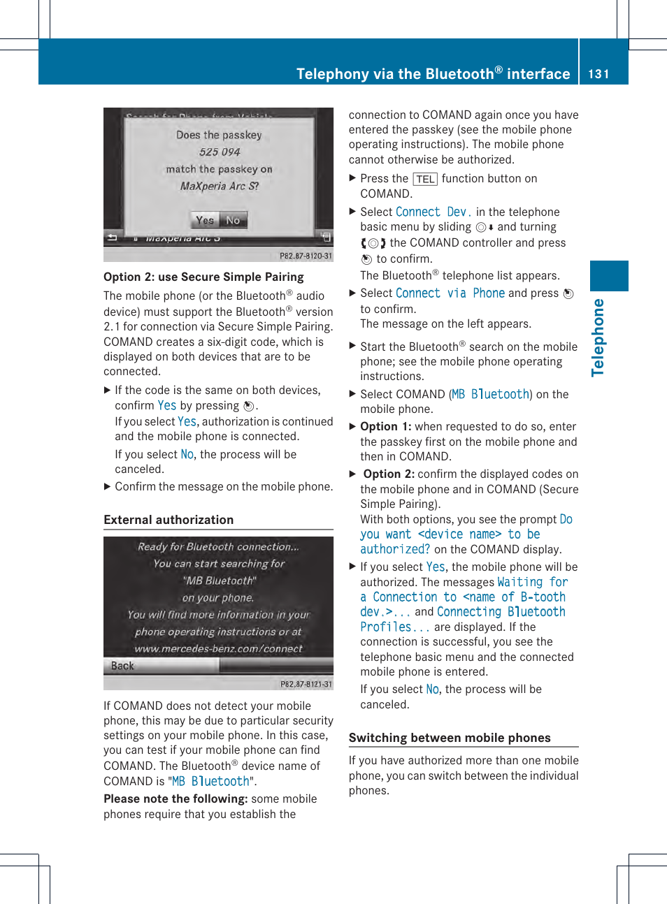 Telephone, Telephony via the bluetooth, Interface | Mercedes-Benz CL-Class 2014 COMAND Manual User Manual | Page 133 / 274