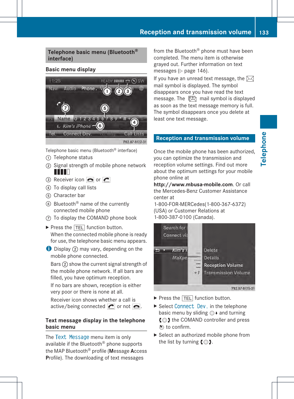Telephone, Reception and transmission volume | Mercedes-Benz CL-Class 2014 COMAND Manual User Manual | Page 135 / 274