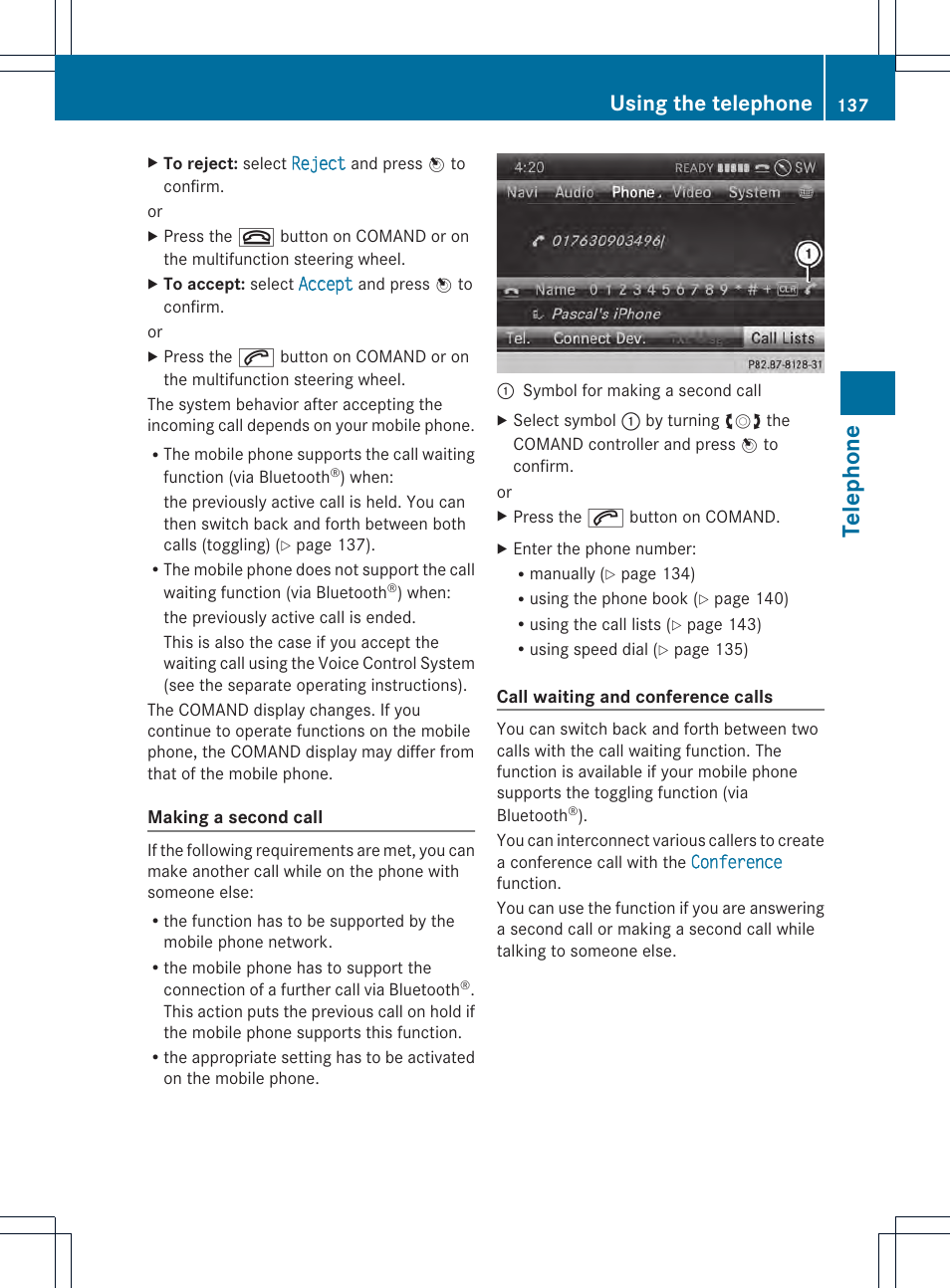 Telep hone, Using the telephone | Mercedes-Benz CL-Class 2014 COMAND Manual User Manual | Page 139 / 274
