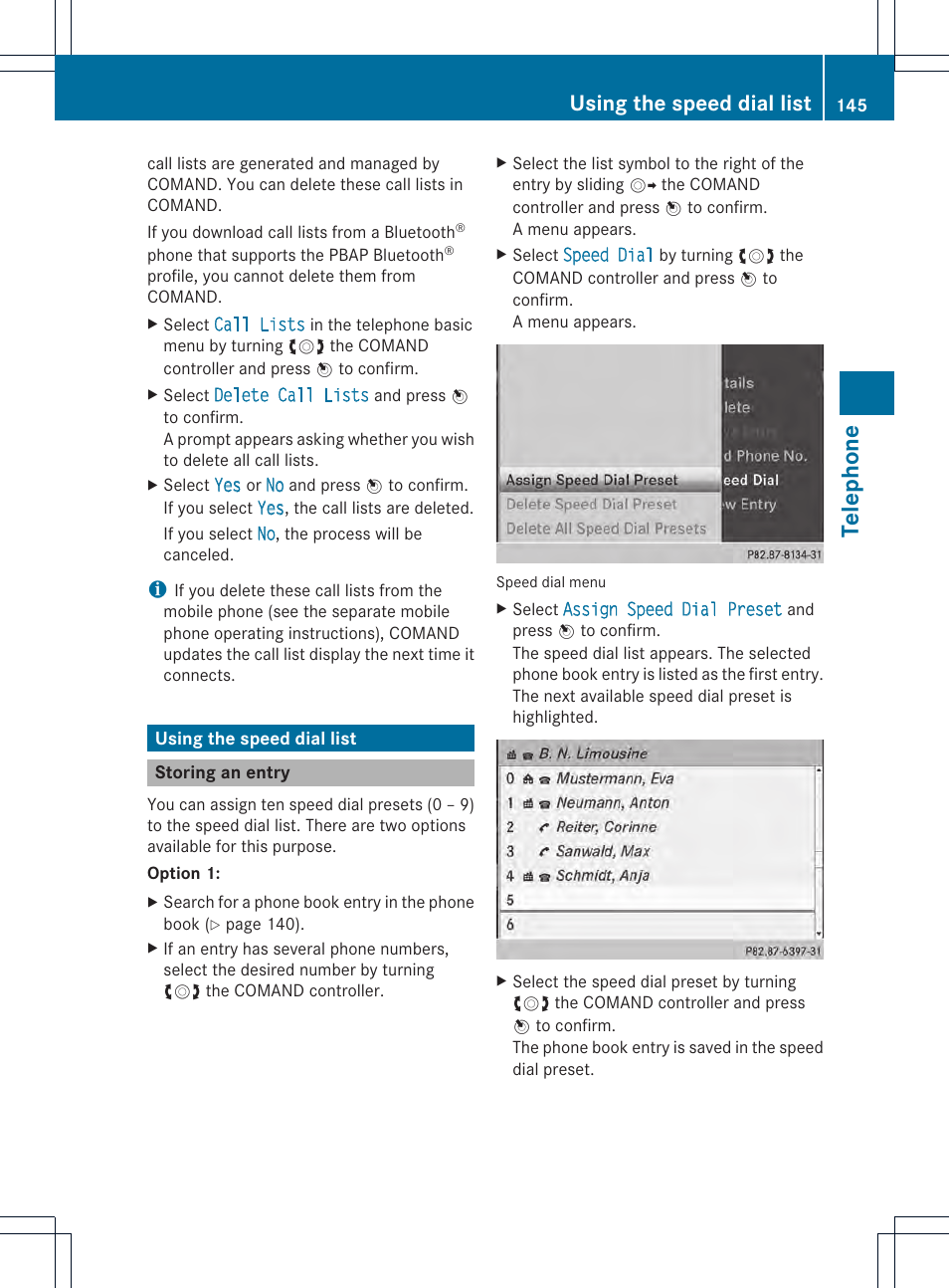 Telephone, Using the speed dial list | Mercedes-Benz CL-Class 2014 COMAND Manual User Manual | Page 147 / 274