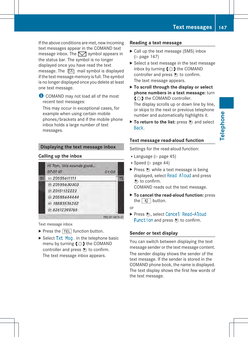 Tele phone, Text messages | Mercedes-Benz CL-Class 2014 COMAND Manual User Manual | Page 149 / 274