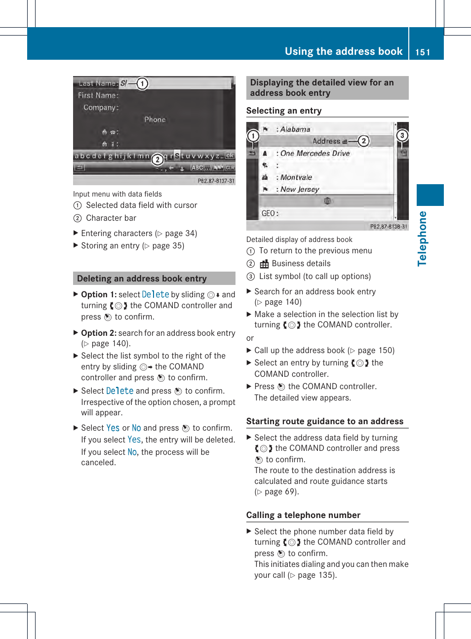 Telep hone, Using the address book | Mercedes-Benz CL-Class 2014 COMAND Manual User Manual | Page 153 / 274