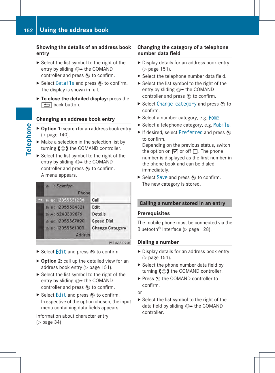 Telephone, Using the address book | Mercedes-Benz CL-Class 2014 COMAND Manual User Manual | Page 154 / 274