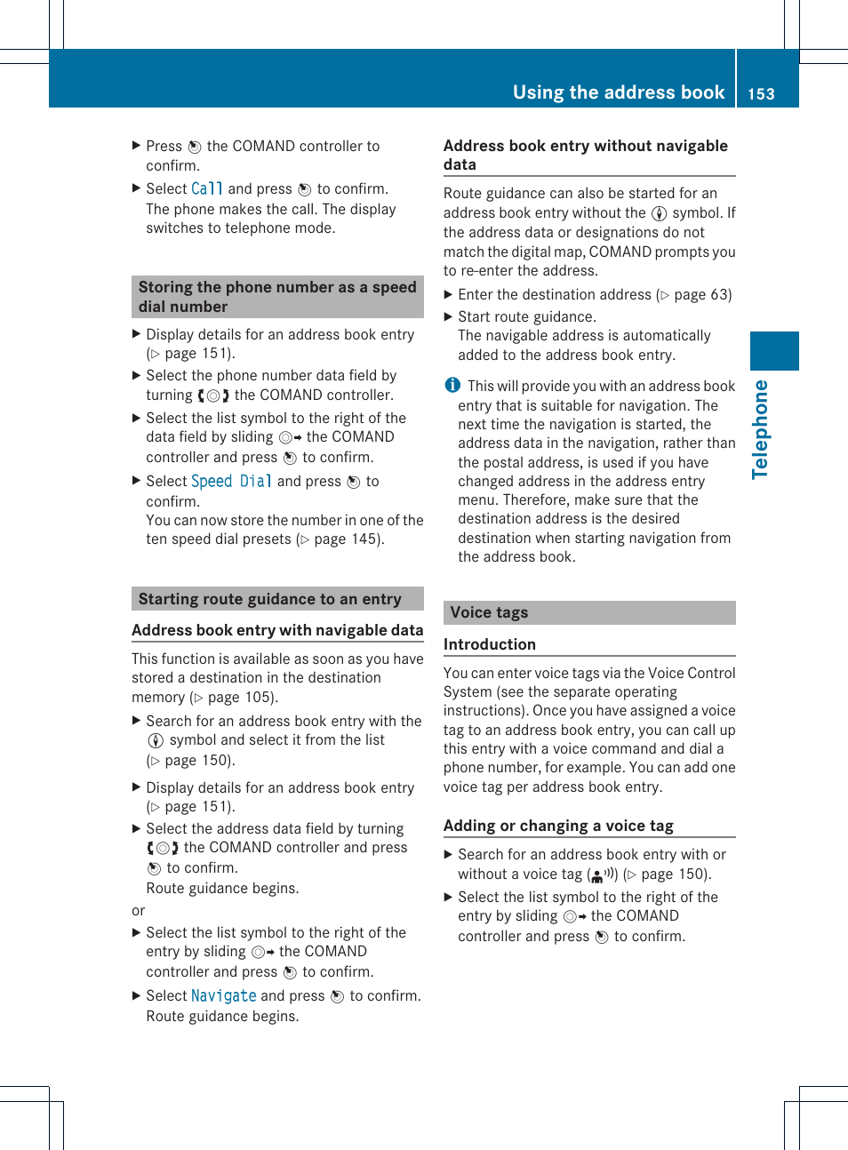 Telephone, Using the address book | Mercedes-Benz CL-Class 2014 COMAND Manual User Manual | Page 155 / 274