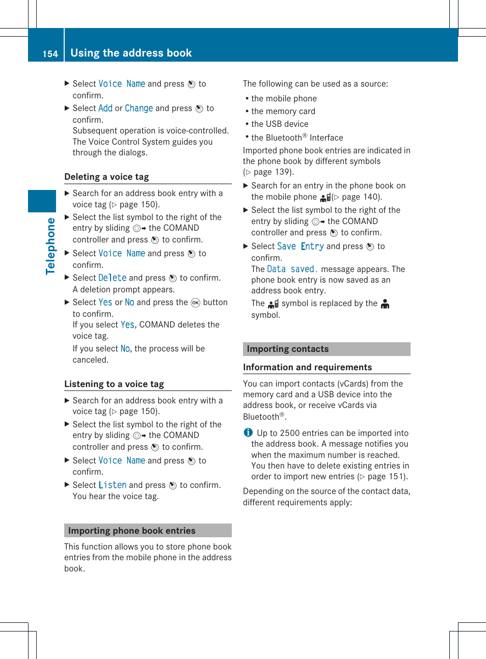 Telephone, Using the address book | Mercedes-Benz CL-Class 2014 COMAND Manual User Manual | Page 156 / 274