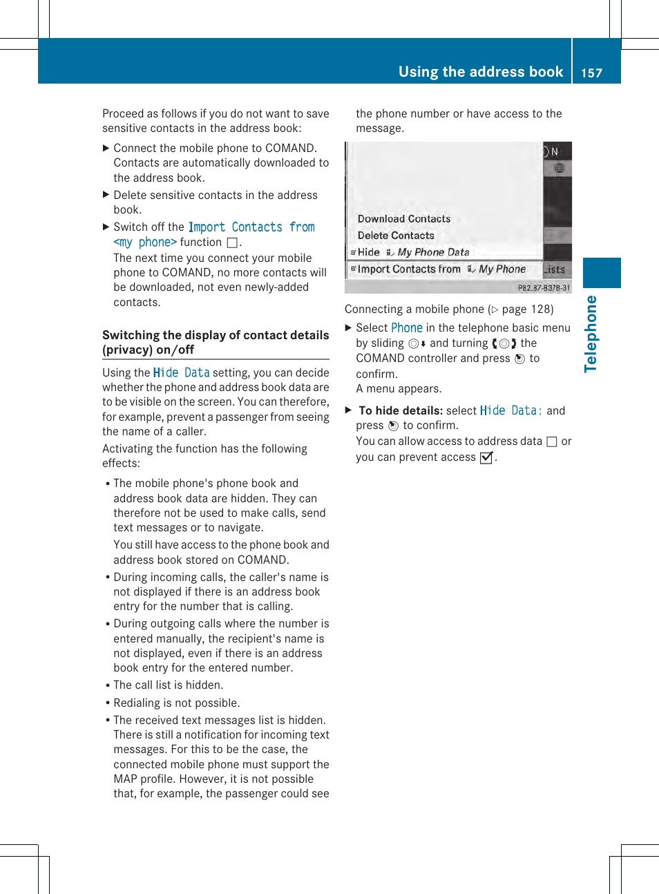 Tel epho ne, Using the address book | Mercedes-Benz CL-Class 2014 COMAND Manual User Manual | Page 159 / 274