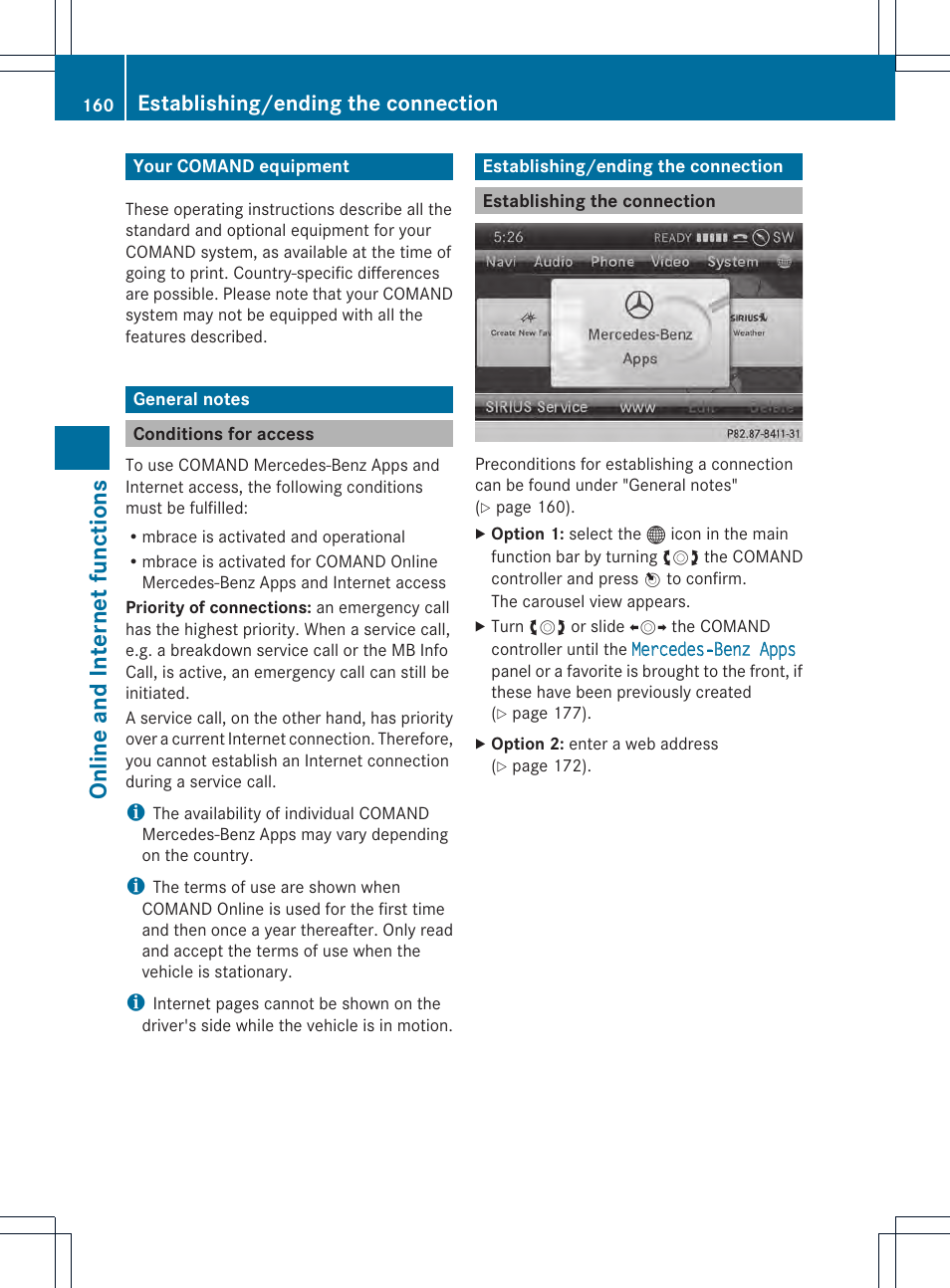 Online and inter net fu nctions, Establishing/ending the connection | Mercedes-Benz CL-Class 2014 COMAND Manual User Manual | Page 162 / 274