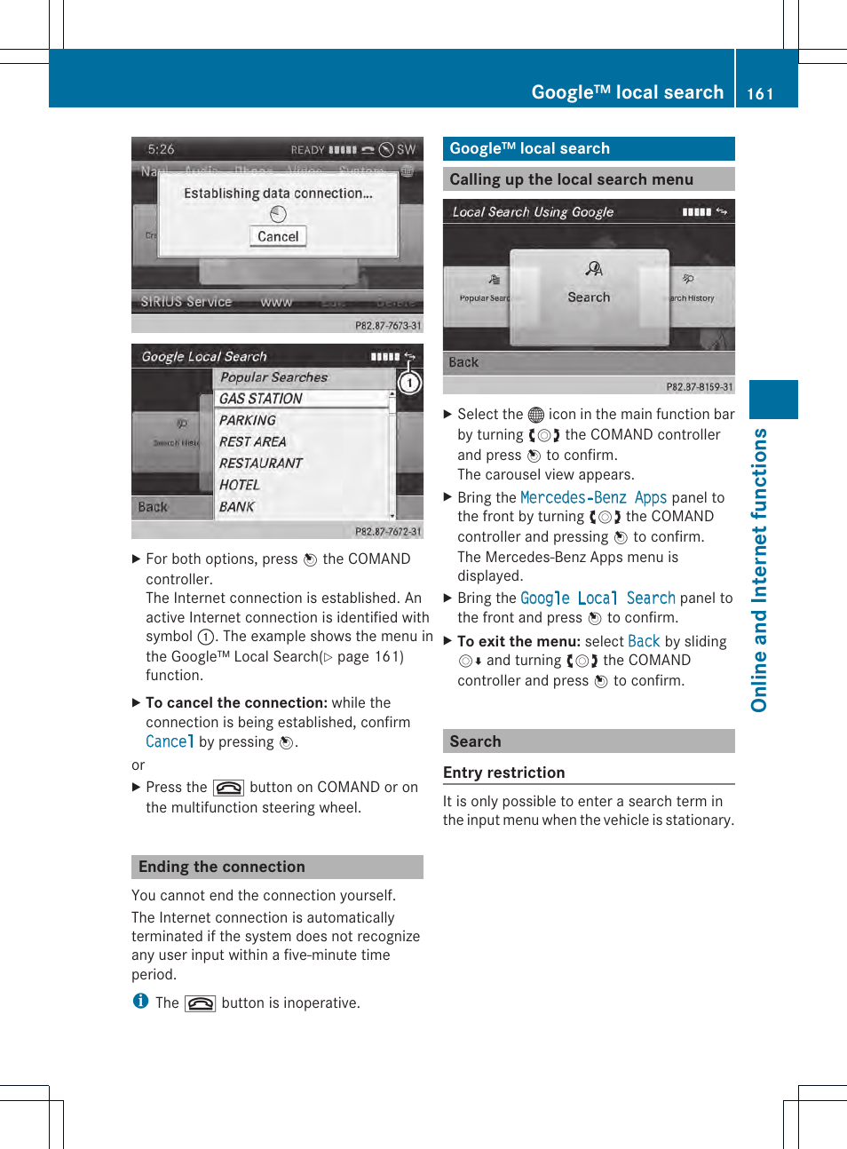 Online and internet functions, Google™ local search | Mercedes-Benz CL-Class 2014 COMAND Manual User Manual | Page 163 / 274