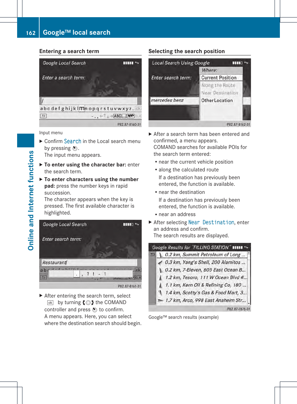 Online and internet functions, Google™ local search | Mercedes-Benz CL-Class 2014 COMAND Manual User Manual | Page 164 / 274