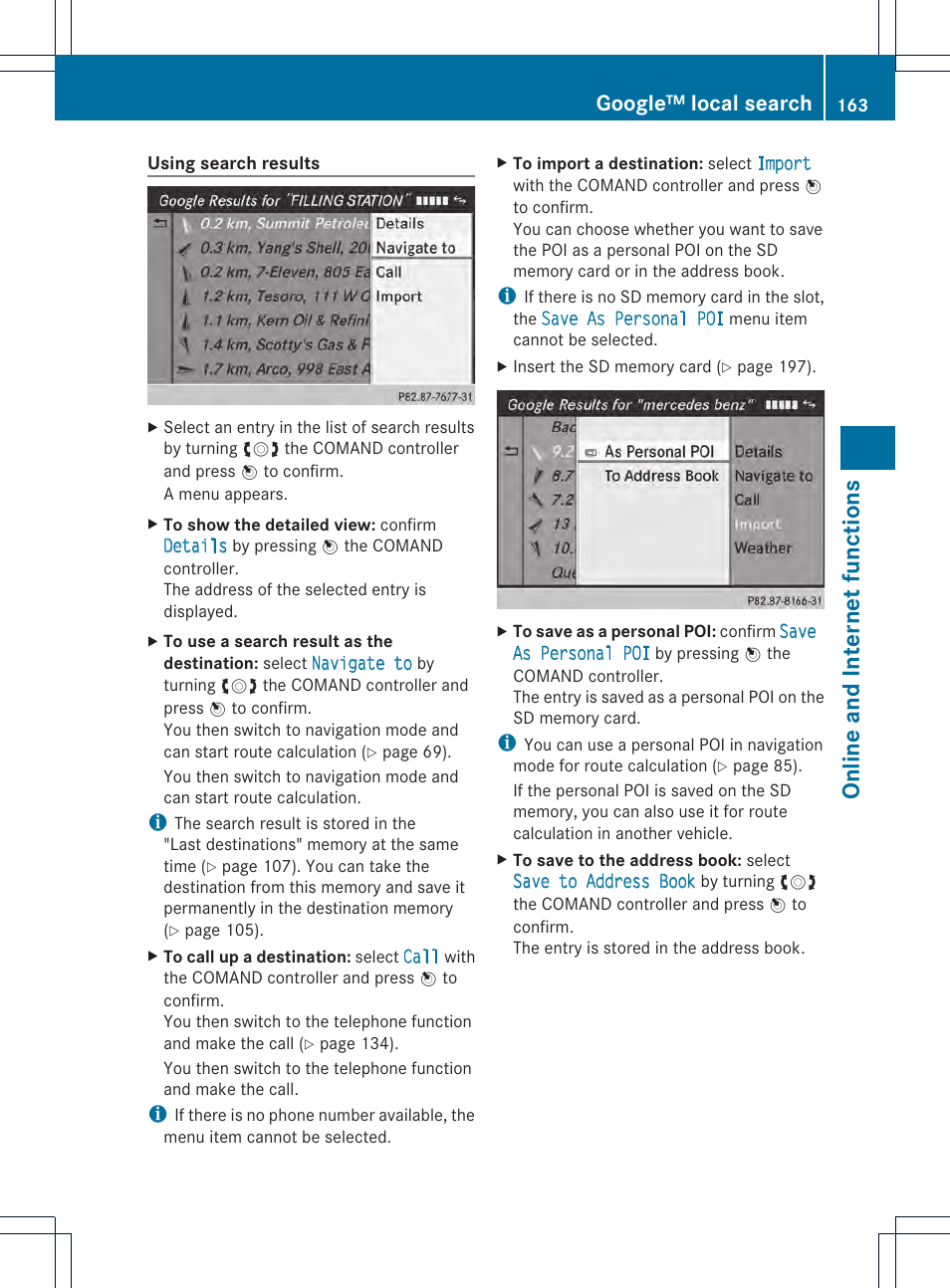 Online and internet functions, Google™ local search | Mercedes-Benz CL-Class 2014 COMAND Manual User Manual | Page 165 / 274