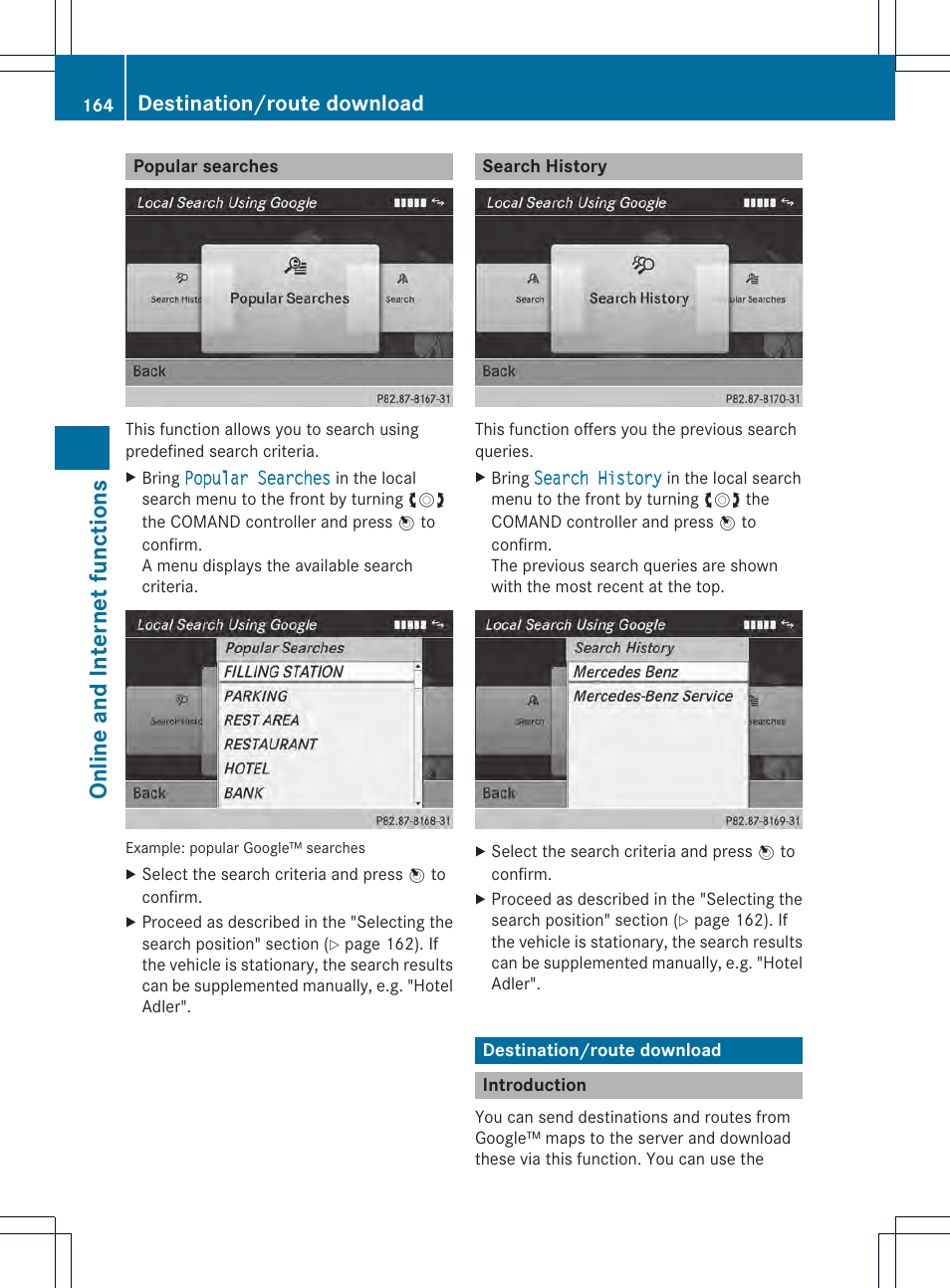 Online and internet functions, Destination/route download | Mercedes-Benz CL-Class 2014 COMAND Manual User Manual | Page 166 / 274