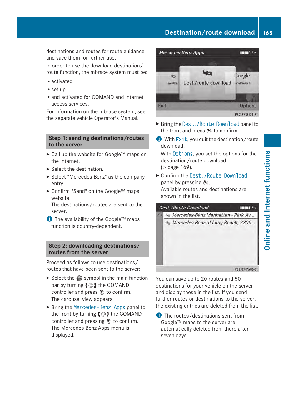 Online and internet funct ions, Destination/route download | Mercedes-Benz CL-Class 2014 COMAND Manual User Manual | Page 167 / 274