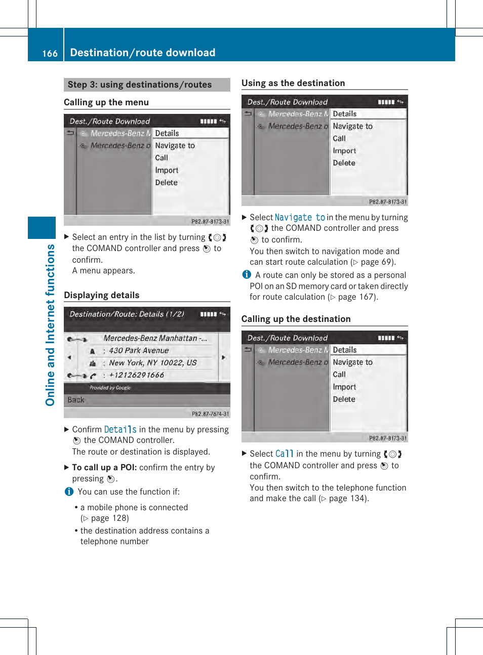 Online and internet functions, Destination/route download | Mercedes-Benz CL-Class 2014 COMAND Manual User Manual | Page 168 / 274
