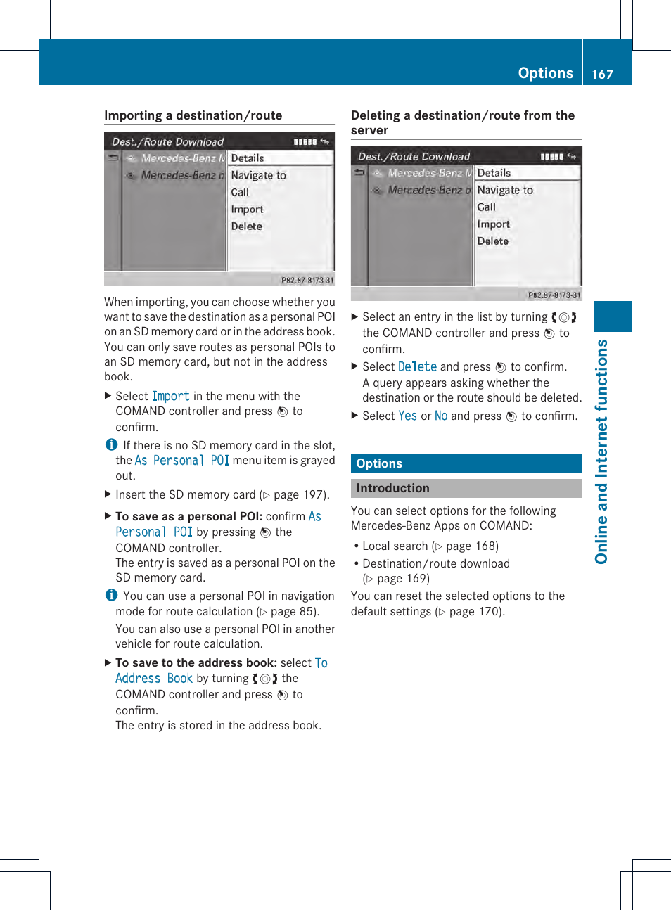 Online and internet funct ions, Options | Mercedes-Benz CL-Class 2014 COMAND Manual User Manual | Page 169 / 274