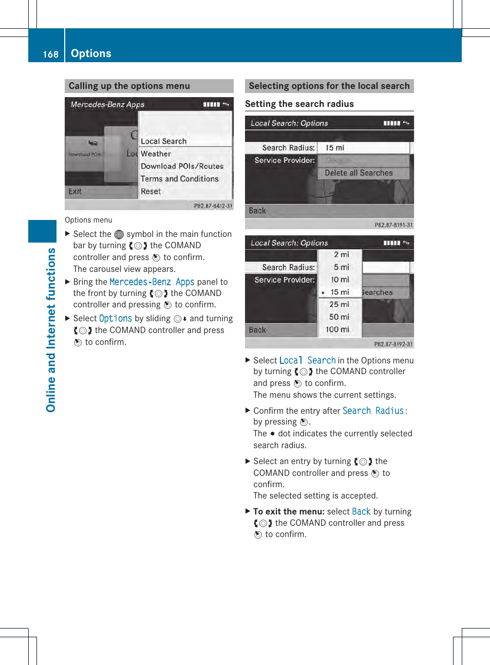 Online and internet functions, Options | Mercedes-Benz CL-Class 2014 COMAND Manual User Manual | Page 170 / 274