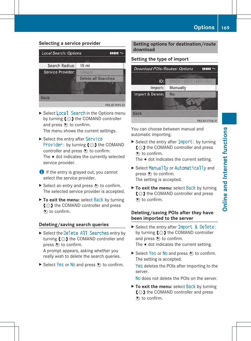 Online and internet functions, Options | Mercedes-Benz CL-Class 2014 COMAND Manual User Manual | Page 171 / 274