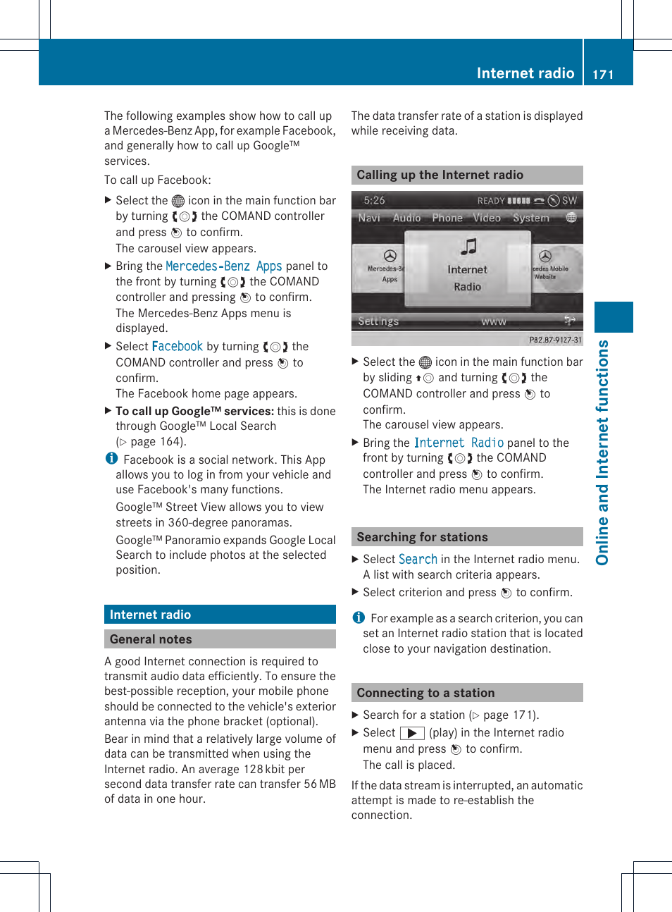 On line and in tern et fun cti on s, Internet radio | Mercedes-Benz CL-Class 2014 COMAND Manual User Manual | Page 173 / 274