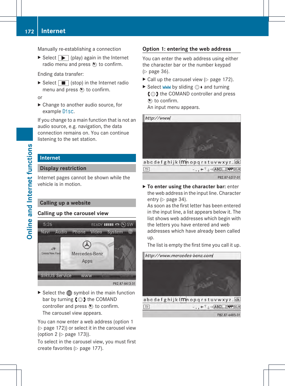Online and internet funct ions, Internet | Mercedes-Benz CL-Class 2014 COMAND Manual User Manual | Page 174 / 274
