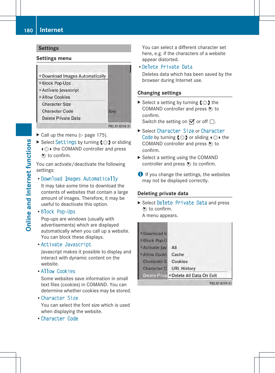 Online and internet functions, Internet | Mercedes-Benz CL-Class 2014 COMAND Manual User Manual | Page 182 / 274