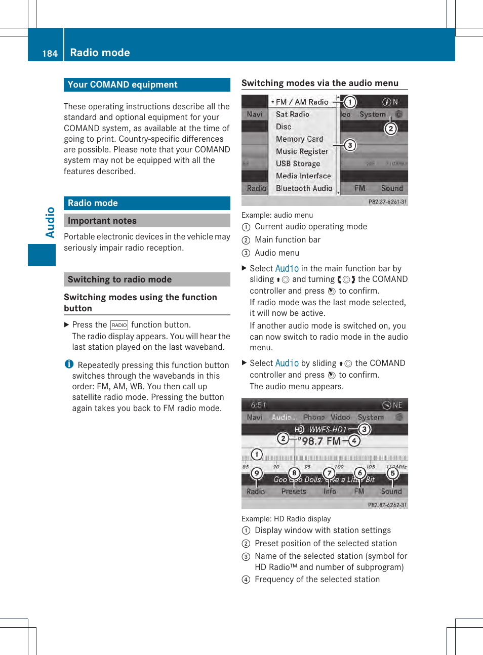 Audio, Radio mode | Mercedes-Benz CL-Class 2014 COMAND Manual User Manual | Page 186 / 274