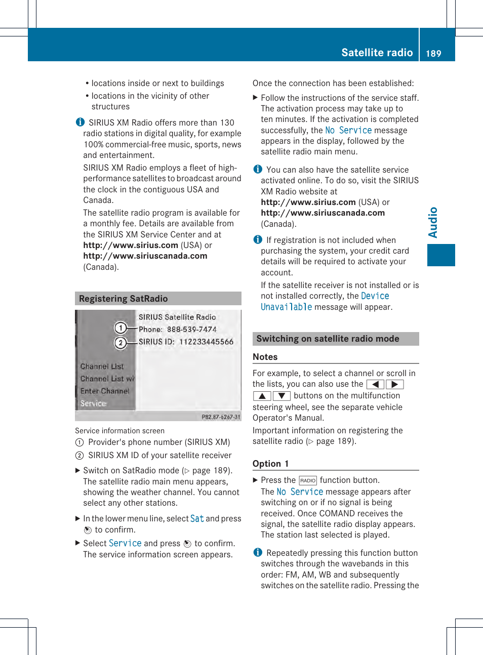 Audio, Satellite radio | Mercedes-Benz CL-Class 2014 COMAND Manual User Manual | Page 191 / 274