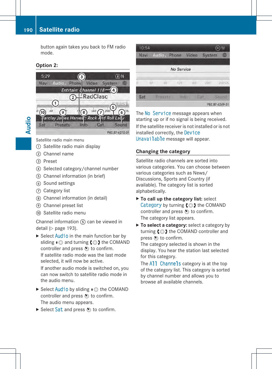 Audio, Satellite radio | Mercedes-Benz CL-Class 2014 COMAND Manual User Manual | Page 192 / 274