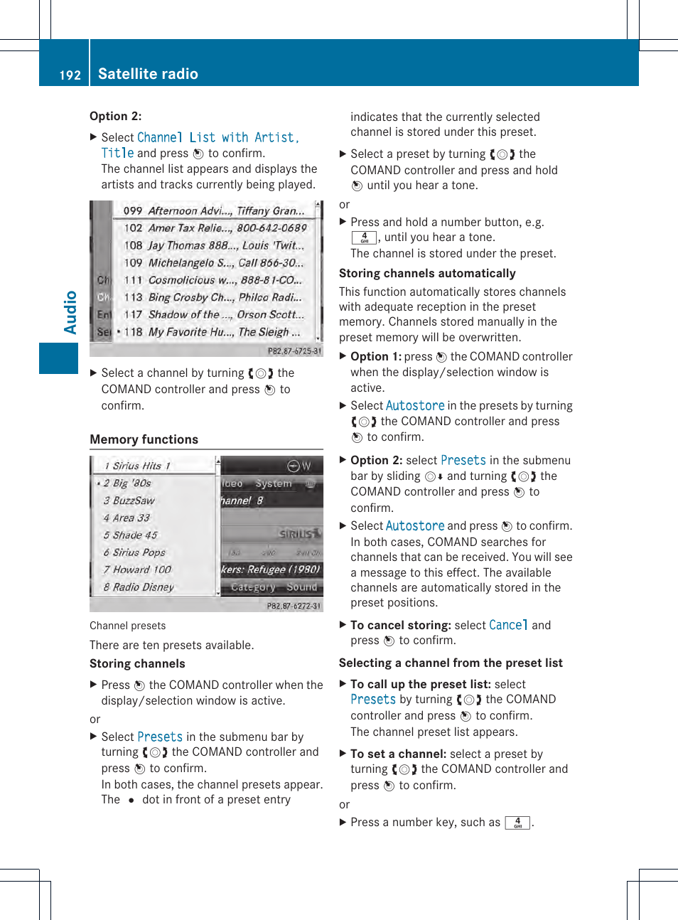 Audio, Satellite radio | Mercedes-Benz CL-Class 2014 COMAND Manual User Manual | Page 194 / 274
