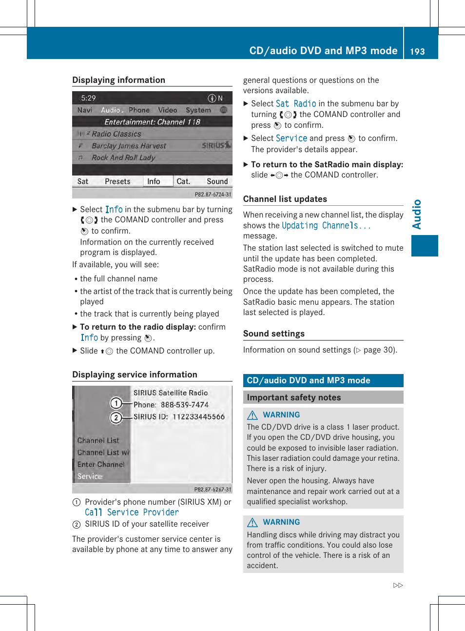 Audio, Cd/audio dvd and mp3 mode | Mercedes-Benz CL-Class 2014 COMAND Manual User Manual | Page 195 / 274
