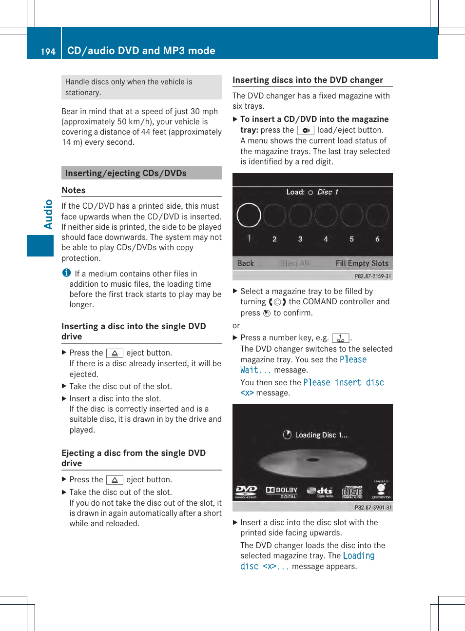 Audio, Cd/audio dvd and mp3 mode | Mercedes-Benz CL-Class 2014 COMAND Manual User Manual | Page 196 / 274