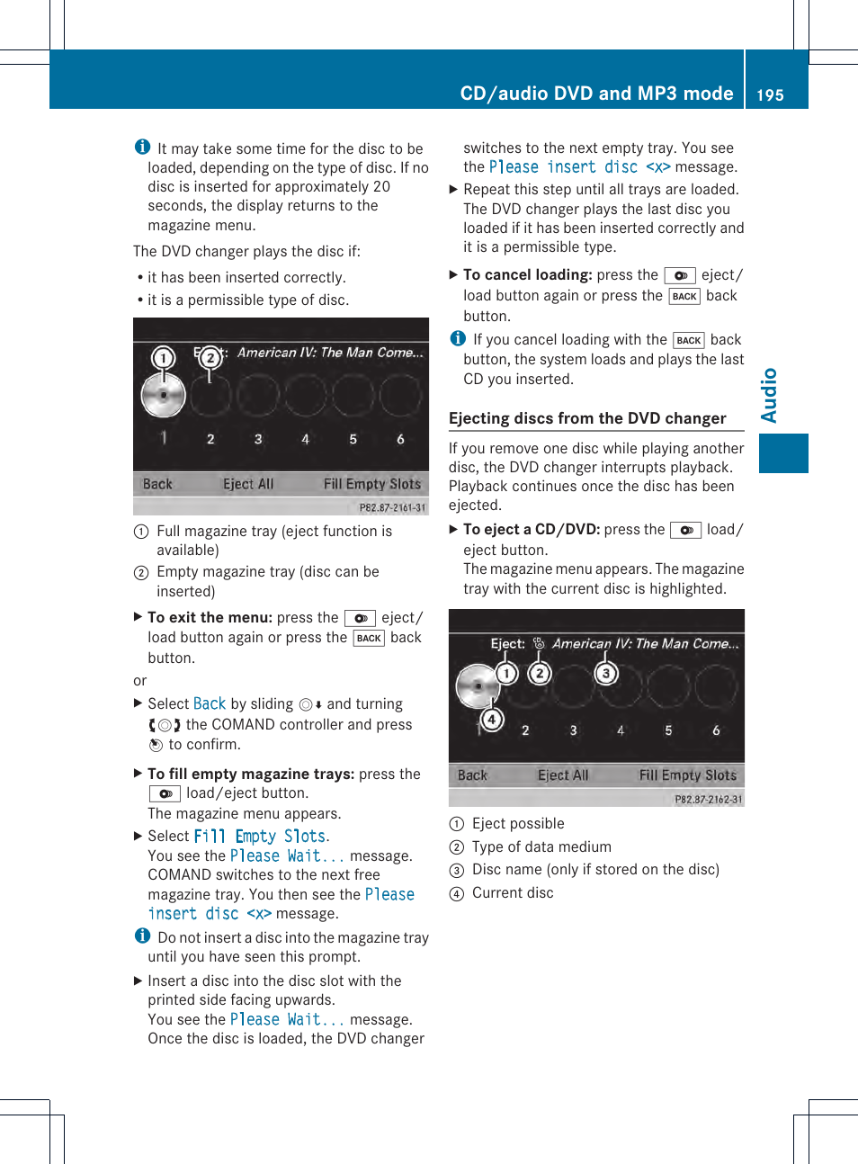 Audio, Cd/audio dvd and mp3 mode | Mercedes-Benz CL-Class 2014 COMAND Manual User Manual | Page 197 / 274