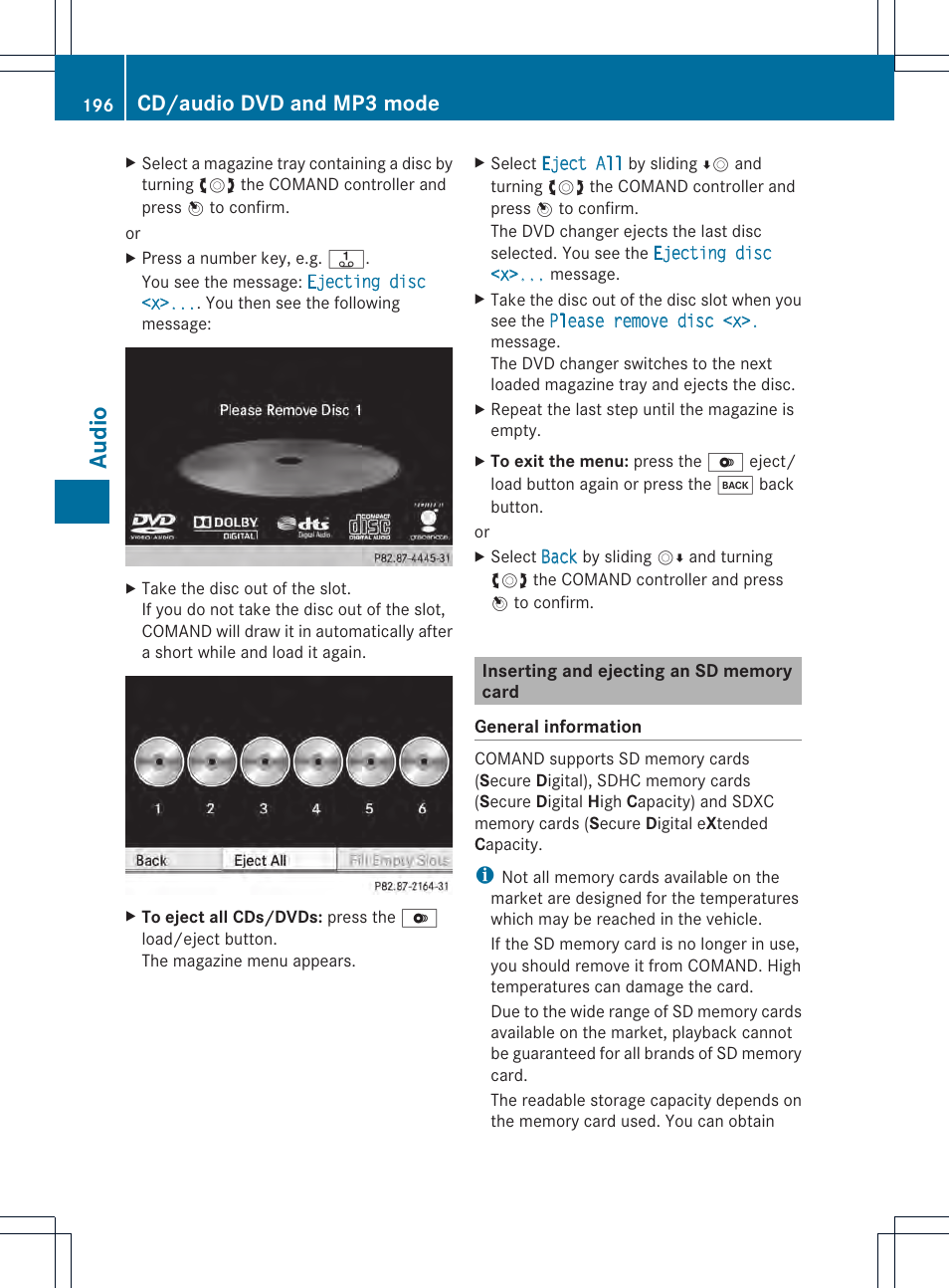 Audio, Cd/audio dvd and mp3 mode | Mercedes-Benz CL-Class 2014 COMAND Manual User Manual | Page 198 / 274