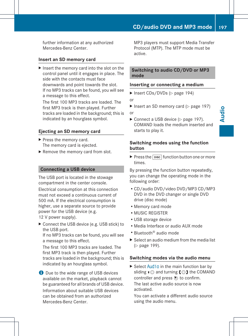 Aud io, Cd/audio dvd and mp3 mode | Mercedes-Benz CL-Class 2014 COMAND Manual User Manual | Page 199 / 274