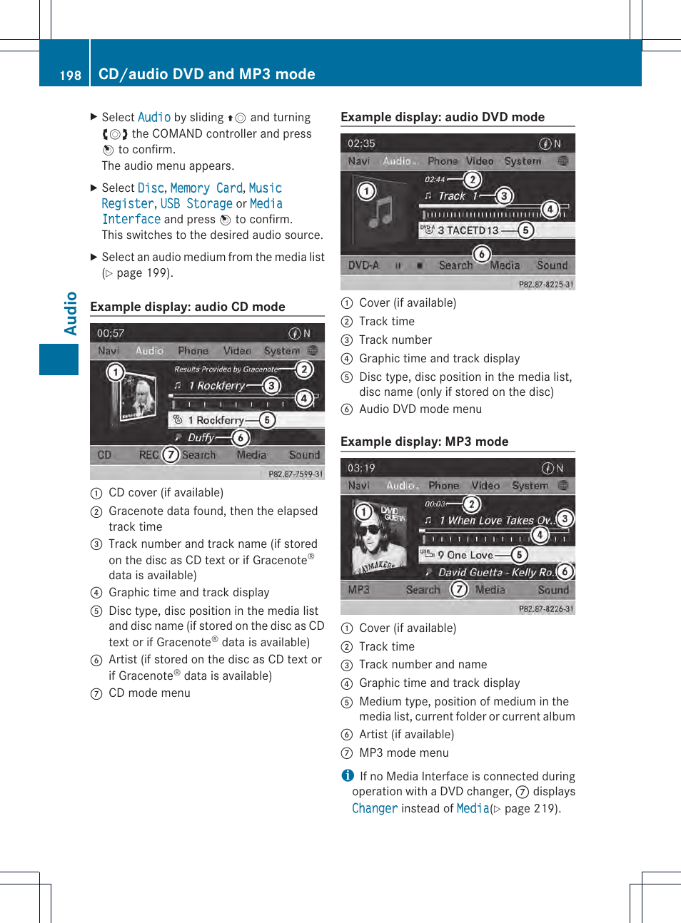 Audio, Cd/audio dvd and mp3 mode | Mercedes-Benz CL-Class 2014 COMAND Manual User Manual | Page 200 / 274