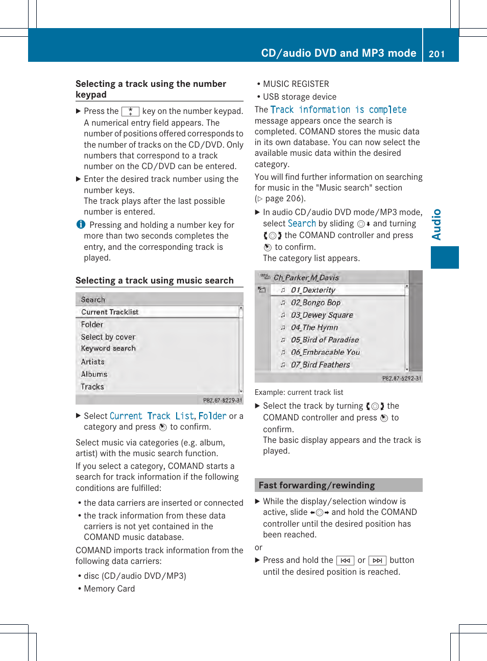Audio, Cd/audio dvd and mp3 mode | Mercedes-Benz CL-Class 2014 COMAND Manual User Manual | Page 203 / 274